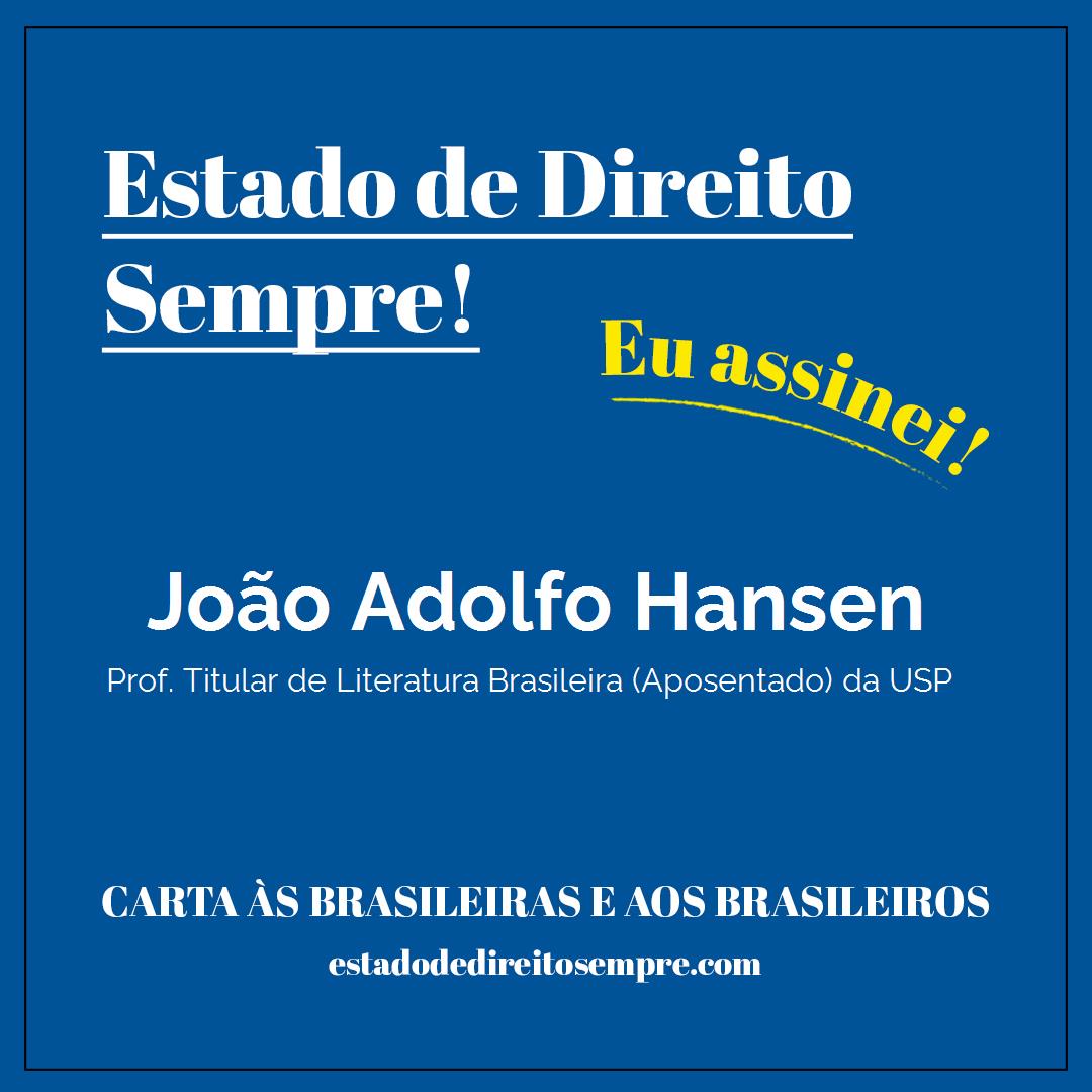 João Adolfo Hansen - Prof. Titular de Literatura Brasileira (Aposentado) da USP. Carta às brasileiras e aos brasileiros. Eu assinei!